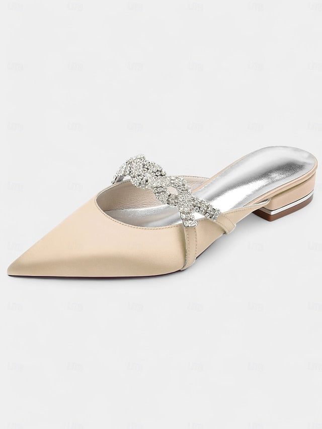 Satin - Pointed-Toe Rhinestone Detailing Blue with Heels Mule FashionChic