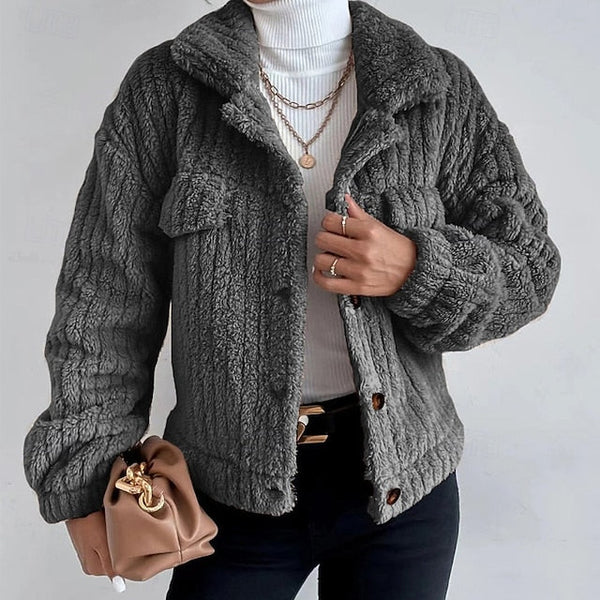Casual Plain Coat Warm Teddy Women's Buttons Comfortable FashionChic
