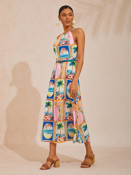 Vacation Geometric Floral Print Waist-cinching Sleeveless Satin FashionChic