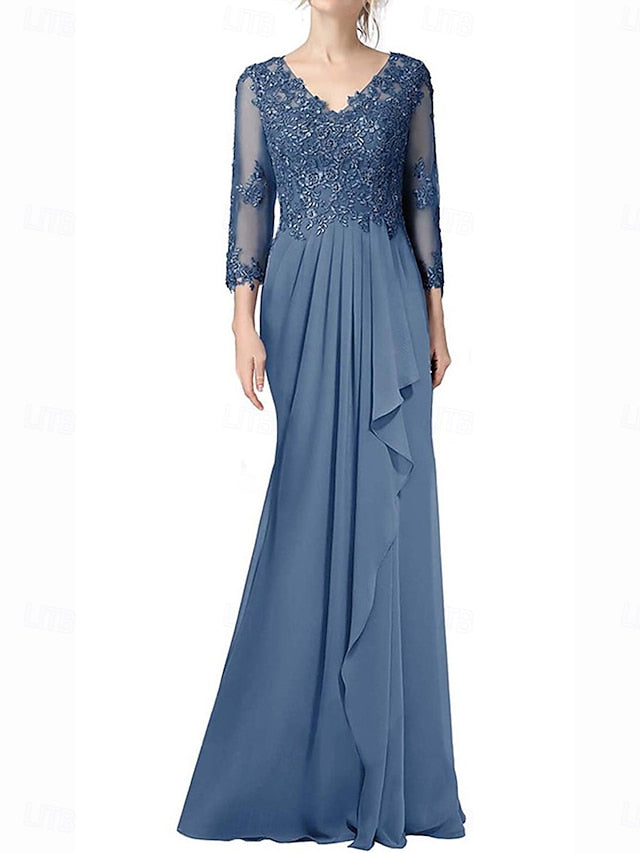 Elegant Length Floor Neck A-Line of V Mother the Bride Dress FashionChic