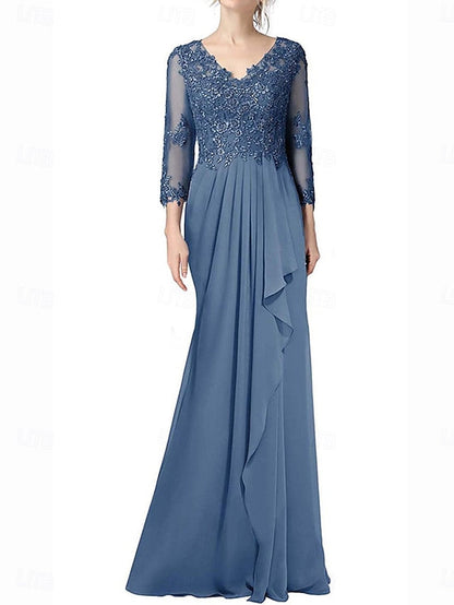 Elegant Length Floor Neck A-Line of V Mother the Bride Dress FashionChic