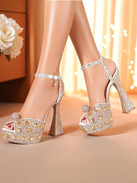 with Heel Women's Matching Rhinestone Platform Sandals High FashionChic