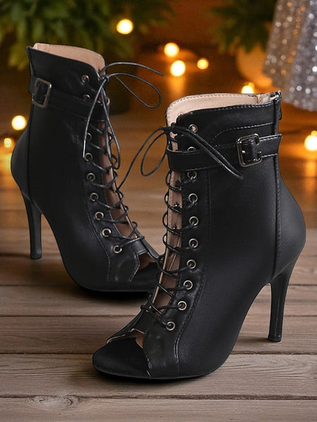 Heel Black Booties Stiletto Toe High - Women's Peep Lace-Up FashionChic