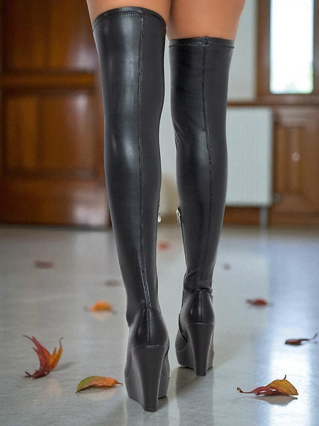 - Heel Over Black Knee Wedge the Faux Women's Leather Boots FashionChic