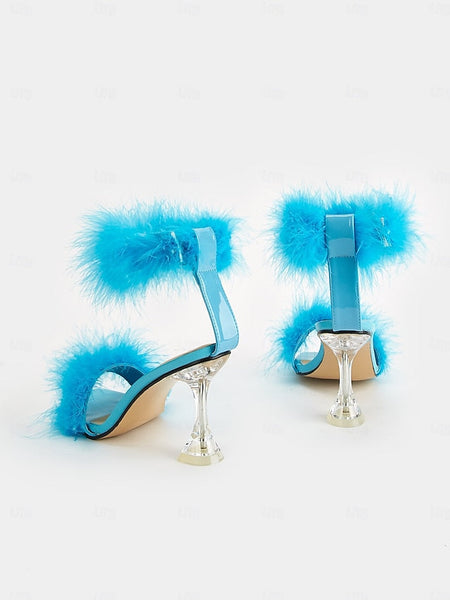 Clear Heel with Turquoise Sandals Feather-Embellished High FashionChic
