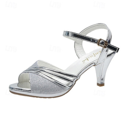 - Women's Heel Straps Sandals Mid Silver Glitter with FashionChic