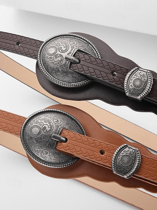 Faux Western Belt Vintage Waist Carved Women's Leather with FashionChic