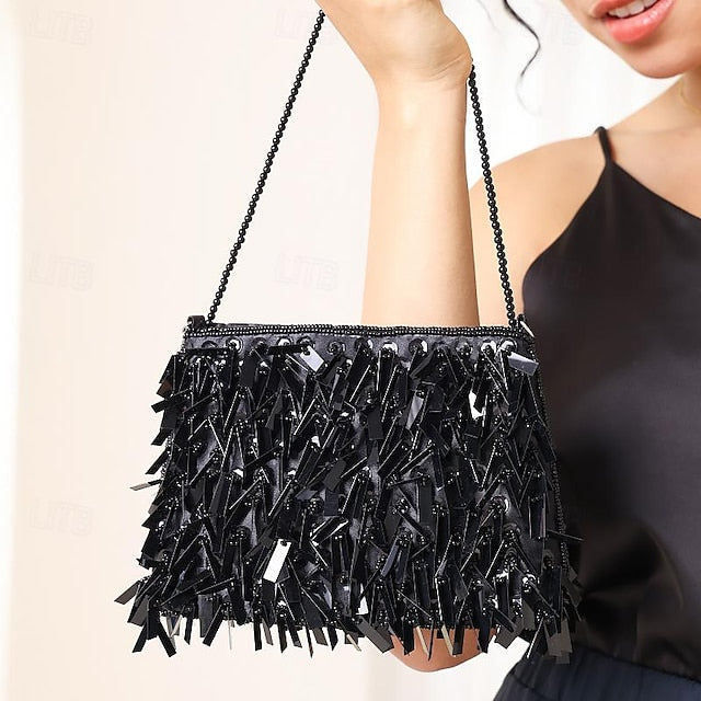 Clutch with Black Evening Crystal and Fringe Sparkling Luxurious FashionChic