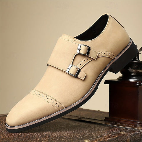 Monk Leather Faux Strap Men's with Double Shoes Beige FashionChic