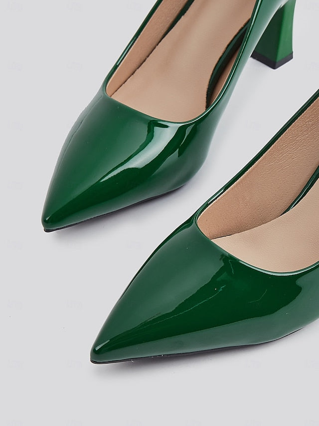 Pointed-Toe Glossy Patent Leather Heel Green Pumps Faux Block FashionChic