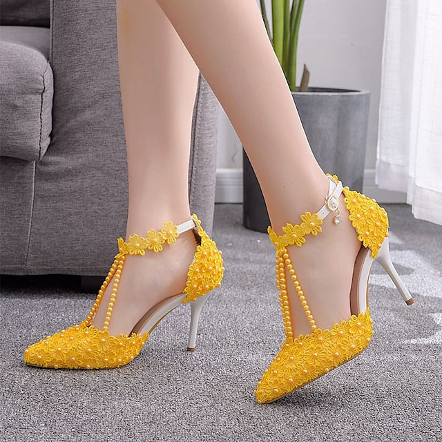 Wedding Shoes Heel Pointed High Women's Lace Bridal FashionChic