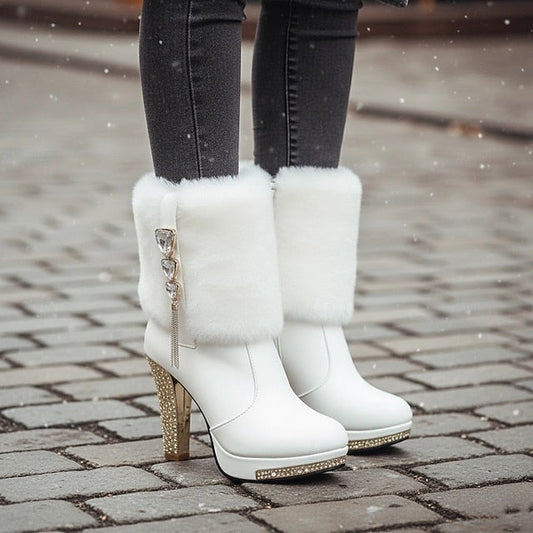 Heels White Ankle Boots - with Women's Faux Rhinestone Fur FashionChic