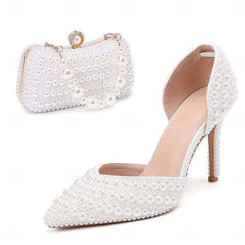 Set Heels Bag Stiletto Clutch White and Pearl – Women's FashionChic