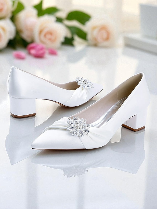 Block Heel Low Crystal Pumps Women's with White FashionChic