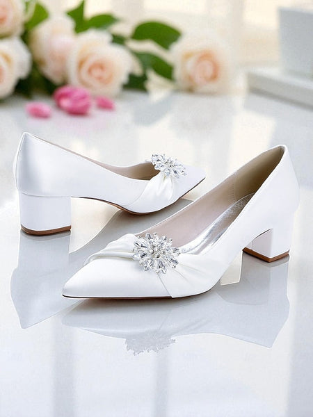 White Women's Pumps with Low Heel Block Crystal FashionChic
