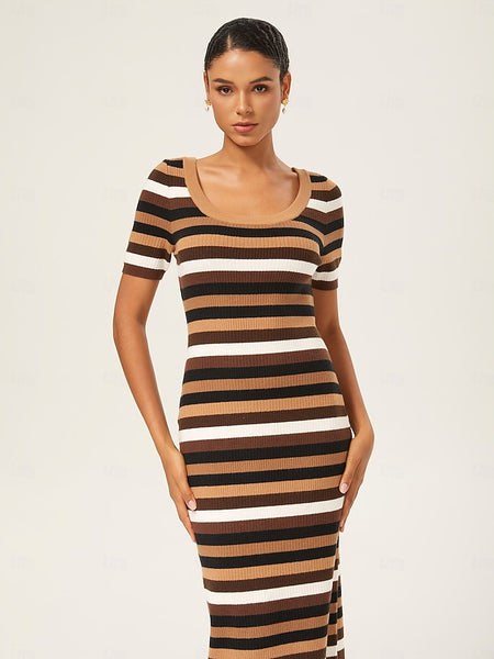Coffee Striped Fitted Maxi Dress