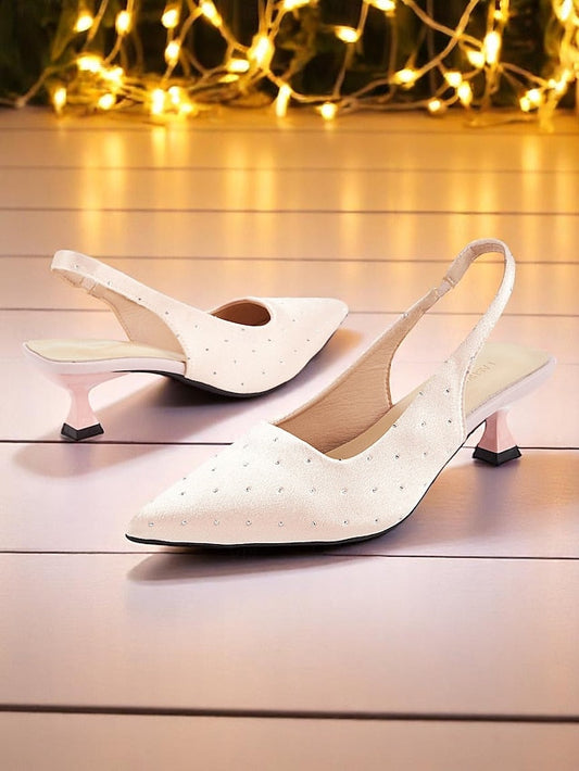 Satin Rhinestone Heels Women's with Kitten Studs Slingback FashionChic