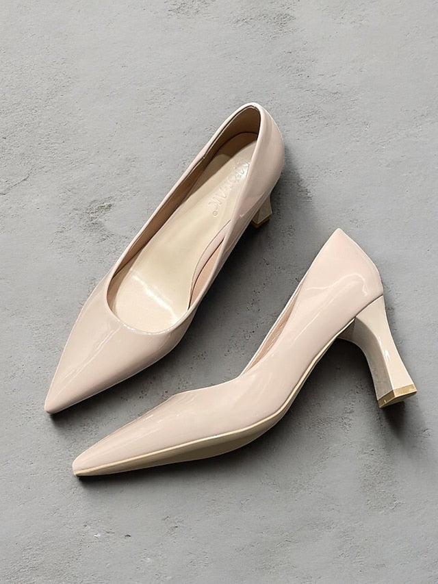 Pointed-Toe Glossy Patent Leather Heel Green Pumps Faux Block FashionChic