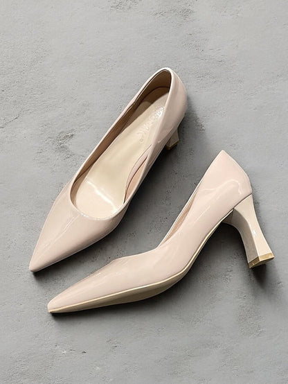 Pointed-Toe Glossy Patent Leather Heel Green Pumps Faux Block FashionChic