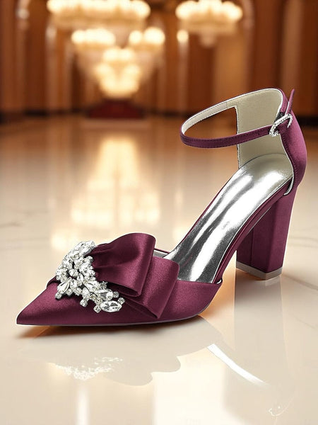 Block Crystal Pumps Bow Satin with Heel and Women's FashionChic