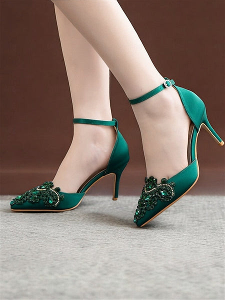 Pointed Women's Satin – Heels Ankle Green Emerald Strap FashionChic