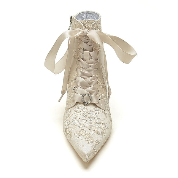Women's Lace-Up Bridal Embroidered Floral White – Booties FashionChic