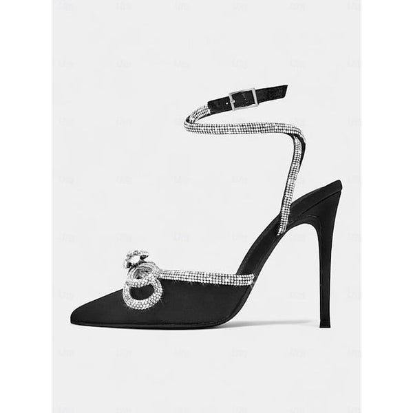 and Heels Black Stiletto Women's Bow with Rhinestone Satin FashionChic
