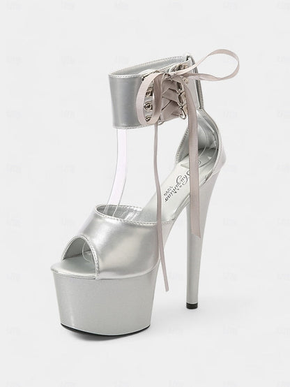 Lace-Up Sandals Ankle Straps Black with Leather Platform Patent FashionChic