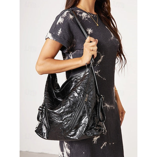 Women's Black Hobo Leather – Patent Crinkle Bag Sleek FashionChic