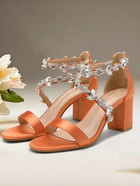 Sandals with Heel Crystal Satin Straps Pink Women's Block FashionChic