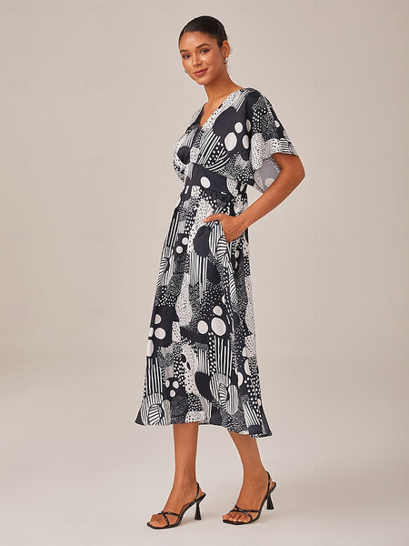 Women's Midi Dress Chiffon Black-white Short Sleeves