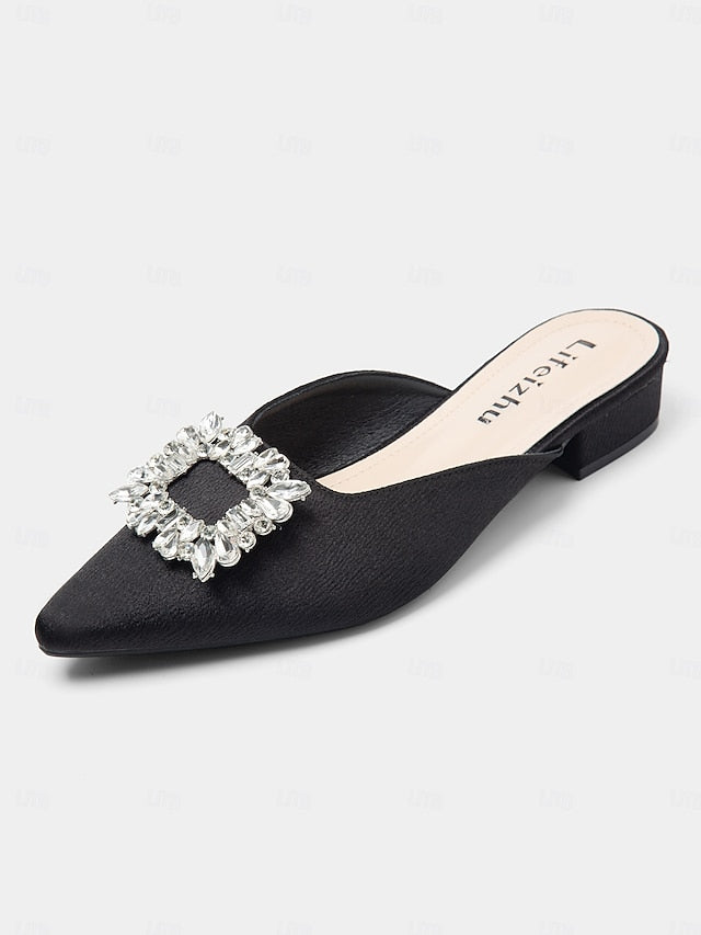 Women's Pointed-Toe Black Mules with Satin Rhinestone FashionChic