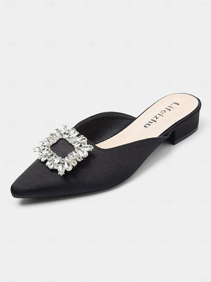 Women's Pointed-Toe Black Mules with Satin Rhinestone FashionChic