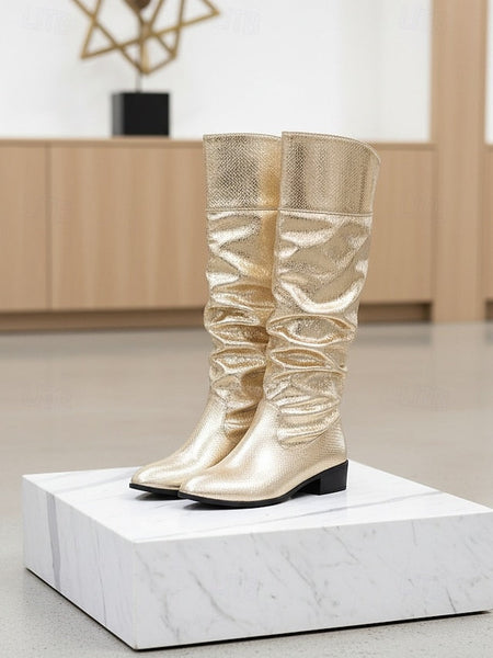Knee High Metallic - Women's Slouch Gold Party Shiny Boots FashionChic