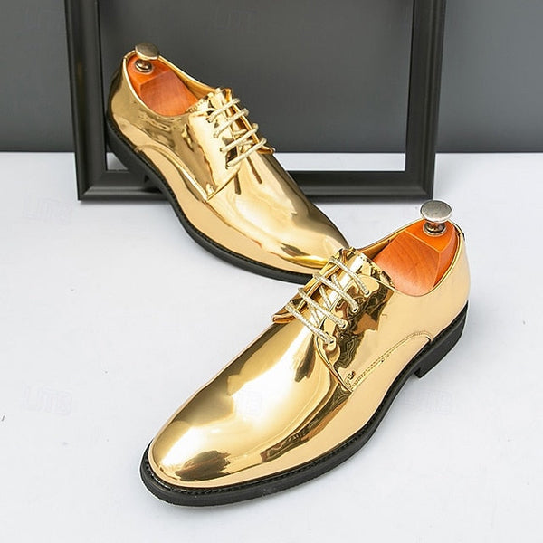 for Shiny Shoes Leather Men Sleek Gold – Patent Lace-Up FashionChic