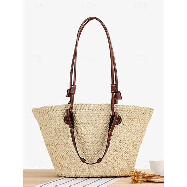 Tote Boho Leather Straps Women's Large Bag Chic Straw with FashionChic