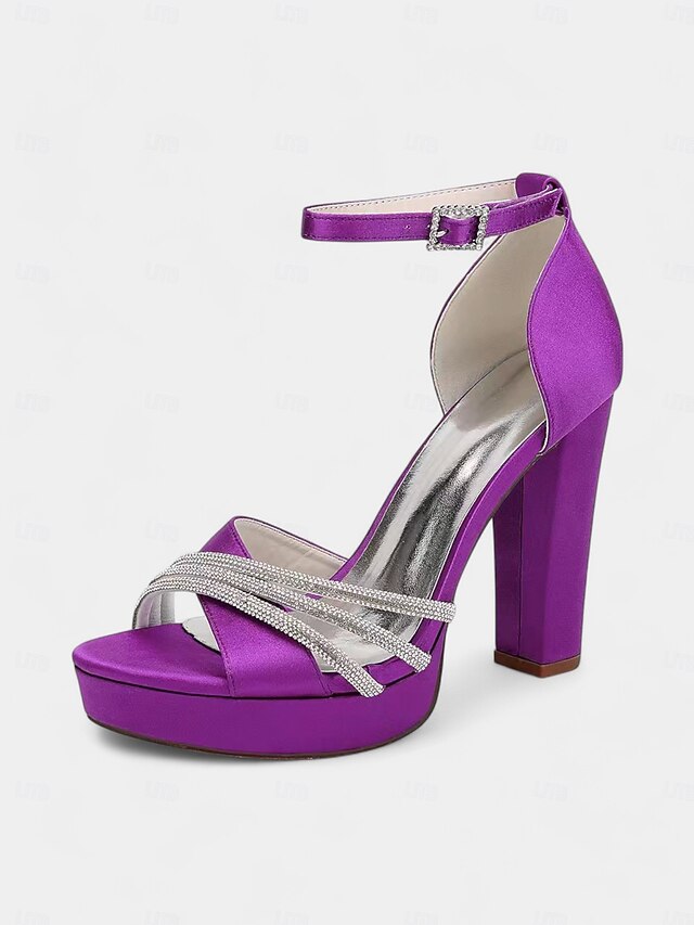 Platform Rhinestone Purple - Heel Sandals Satin Straps with High FashionChic