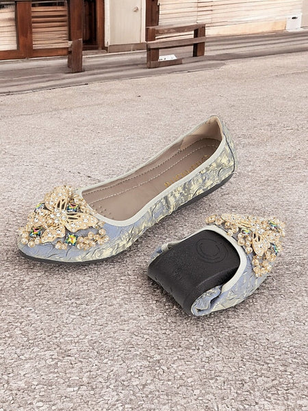 Foldable Embroidered Women's Flats Ballet with Beaded FashionChic
