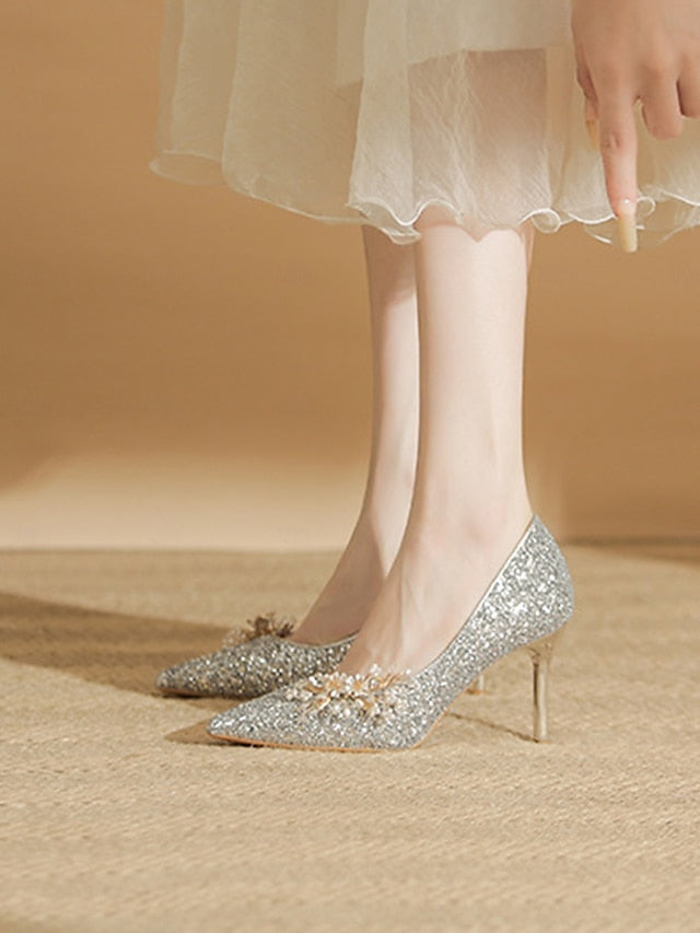 with Women's Glitter Floral Heels Silver Stiletto FashionChic