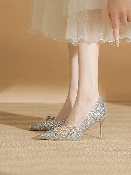 with Women's Glitter Floral Heels Silver Stiletto FashionChic