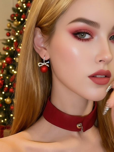 and Rhinestone with Pearl Earrings Christmas Women's Bow FashionChic