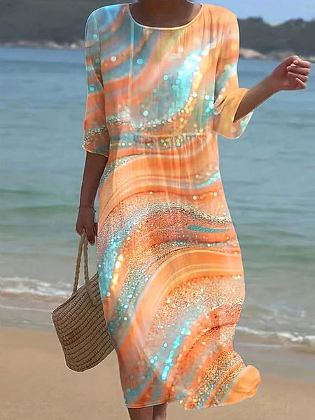 Women's Maxi Dress Kaftan 3/4 Length Sleeve Crew Neck