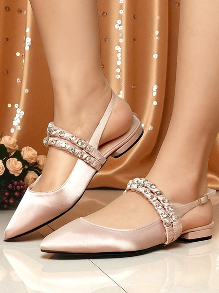 Toe Flats Satin - Women's Rhinestone Slingback Pointed FashionChic
