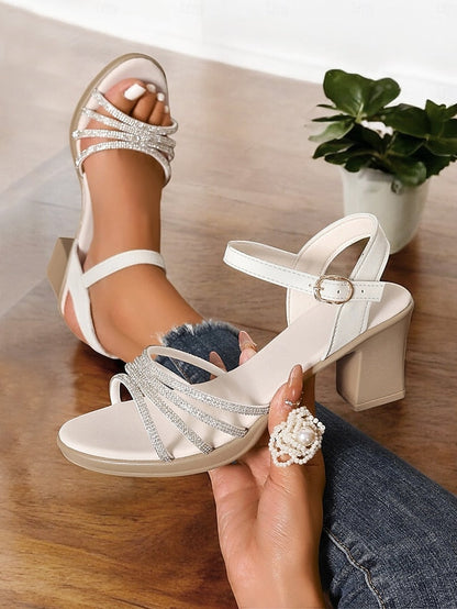 - Strappy with Comfortable Block Rhinestones Heel Black Sandals FashionChic
