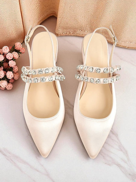 Toe Flats Satin - Women's Rhinestone Slingback Pointed FashionChic