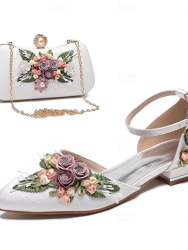 – Embroidered Shoes Floral with Clutch Matching Flat White FashionChic