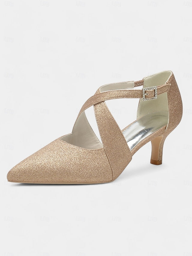 Glitter Heels Cross with Kitten White Strap Rhinestone Buckle FashionChic