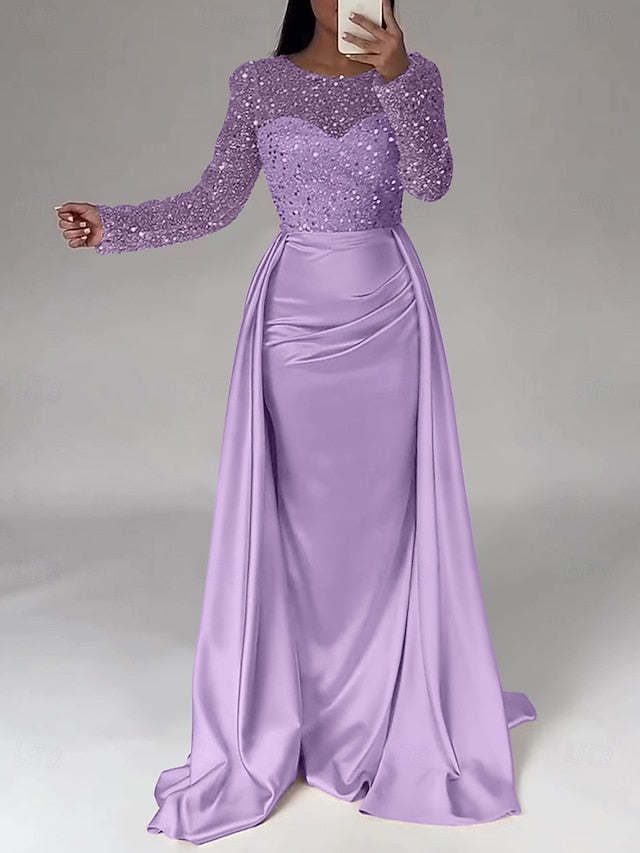 RuchedSatin Dress Sleeves Mermaid Gown Evening Sequin Long FashionChic