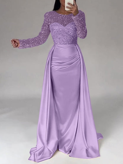RuchedSatin Dress Sleeves Mermaid Gown Evening Sequin Long FashionChic