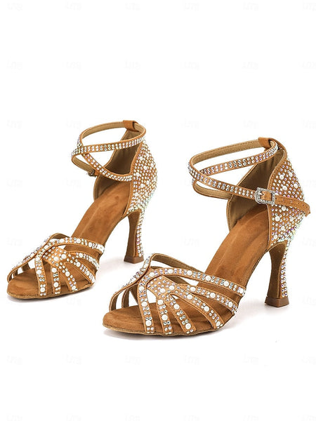 High Latin Rhinestone-Embellished Tan Sandals with Heel Dance FashionChic